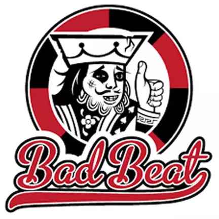 A cartoon playing card king with a sad face gives a thumbs up inside a poker chip frame, with the words “Bad Beat” in red script below.
